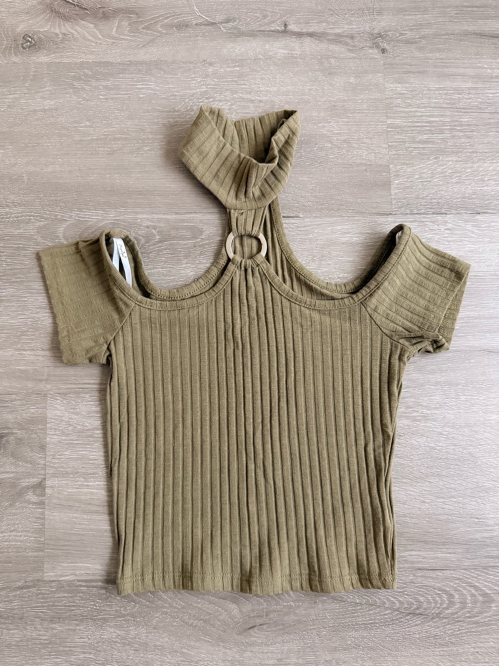 Cold-Shoulder Ribbed Top with Ring Detail in Olive